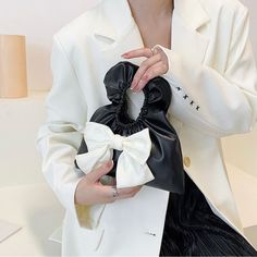 Absolutely Adorable On Trend Material: Pu, Polyester Color: Black White Bow Measurements: Upper Width 16 Bottom Width 25 Height 22 Bow Measurements, Handbags Fashion, Bag Trends, White Bow, Dress Pant, Handbags For Men, Long Hoodie, Fashion Handbags, Womens Slippers