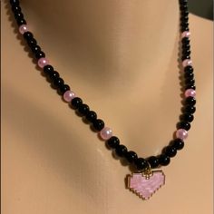 Pearl Beads Necklace And Beautiful Heart Charm Pink Beaded Heart Pendant Necklace, Pink Heart-shaped Beaded Necklaces, Pink Beaded Heart Pendant Jewelry, Pink Heart-shaped Jewelry With Tiny Beads, Pink Heart-shaped Beaded Jewelry, Elegant Pink Heart-shaped Beaded Necklaces, Elegant Pink Heart-shaped Beaded Necklace, Adjustable Pink Beaded Necklaces With Black Beads, Adjustable Pink Beaded Necklace With Black Beads