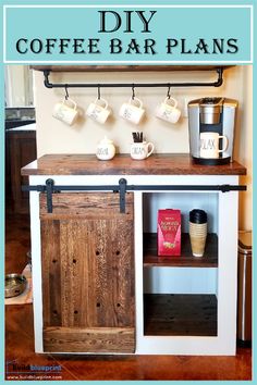 DIY coffee bar beverage bar plans Coffee Bar Table Diy, Diy Coffee Cabinet Ideas, Simple Diy Coffee Bar, Diy Wood Coffee Bar, Coffee Bar Plans Diy, Easy Diy Coffee Bar, Building A Coffee Bar, Coffee Bar Building Plans, Coffee Bar Diy Farmhouse Style