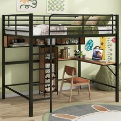 a loft bed with desk underneath it in a room that has green walls and hardwood floors