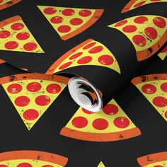 a black and yellow wallpaper with pizza slices on it's side, as well as an orange stripe