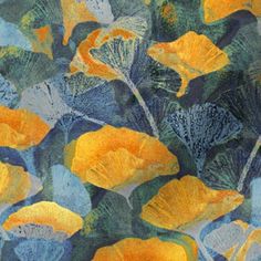 a painting of yellow flowers on a blue background