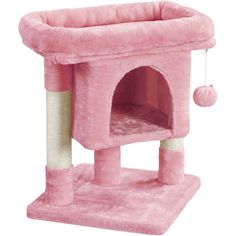 a pink cat tree with a ball hanging from the top