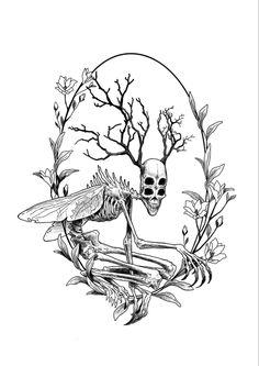 a black and white drawing of a skeleton sitting on a branch