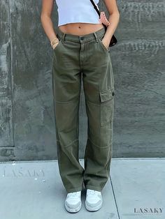 Lasaky - Womens Army Green Cargo Pants with Flap Pockets - Non-Stretch Y2K & Kpop Style Straight Jeans Jeans Online Store, Green Cargo Pants, Pants Women Fashion, Jeans Cargo, Green Cargo, 90s Streetwear, Jeans Casual, Straight Trousers, Baggy Pant