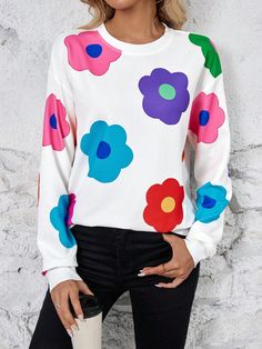 White Casual Collar Long Sleeve Knitted Fabric Floral,Plants,All Over Print Pullovers Embellished Medium Stretch Spring/Fall Women Clothing Long Sleeve Graphic Sweater, Casual Long Sleeve Printed Sweater, White Long Sleeve Sweatshirt For Spring, White Floral Print Tops For Winter, Multicolor Crew Neck Top For Spring, Printed Crew Neck Sweater For Spring, Casual Printed Sweater For Spring, Spring Color Block Crew Neck Sweatshirt, Multicolor Printed Long Sleeve Sweater