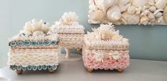 three sea shells sitting on top of a table