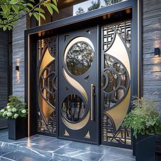 an entrance to a house with two large doors