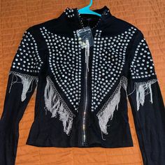 Cute Studded Tight Fitting Jacket , Perfect For A Concert , Never Worn !!! Fitted Fall Outerwear For Club, Fitted Long Sleeve Punk Outerwear, Fitted Punk Outerwear For Night Out, Vinyl Display, Fitted Jacket, Dog Tattoos, Workout Jacket, Concept Store, Tights