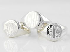 Classic Signet Ring in solid sterling silver  .................................... ❤.................................................    This reserved and classic design offers the perfect touch of bling. • Choose from US ring size 4, 5, 6, 7, 8 or 9 • Pure .925 Sterling Silver • Made in the U.S.A. • Features a 11 x 9 mm signet plate for personalization (varies slightly by size)   ......................PERSONALIZATION OPTIONS ................................  ✤ Three monogram styles for two o... Jacksonville Beach, Engraved Initials, Classic Monogram, Signet Rings, Silver Signet Ring, Memorial Jewelry, Personalized Monogram, February Birth Stone, Amethyst Gemstone