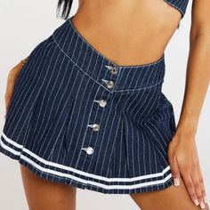 Jaded London Pinstripe Denim Cheerleader Skirt Color:Blue Size:Us 2 High Waist Pinstripe Cotton Bottoms, Striped Pleated Skirt Bottoms For Summer, Trendy High Waist Pinstripe Bottoms, Casual Cotton Skirt With Vertical Stripes, Striped Pleated Skirt For Summer, Trendy Pinstripe Bottoms For Summer, Trendy Denim Bottoms With Vertical Stripes, Trendy Pinstripe Summer Bottoms, Trendy Blue Bottoms With Vertical Stripes