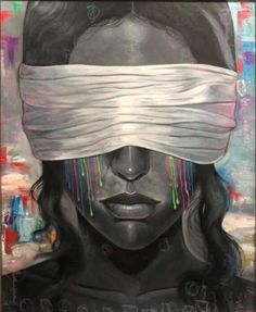 a painting of a woman with blindfolds on her head