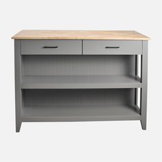 a grey shelf with two drawers and a wooden top on the bottom, against a white background