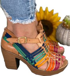 Multicolor Heels With Leather Sole, Bohemian Leather Sandals With Buckle Closure, Bohemian Multicolor Closed Toe Heels, Multicolor Open Heel Sandals With Buckle, Multicolor Sandals With Buckle Closure And Open Heel, Multicolor Buckle Closure Sandals With Open Heel, Bohemian Multicolor High Heel Sandals, Multicolor Open Heel Heels With Buckle Closure, Multicolor Sandals With Leather Sole For Summer