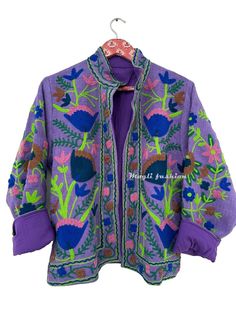 Cotton Tnt Fabric Jacket Short Jacket Kimono For Women Inside Lining Coat Purple Hooded Purple Outerwear For Fall, Purple Hooded Outerwear For Fall, Embroidered Cotton Outerwear With Stand Collar, Purple Hooded Outerwear For Spring, Embroidered Stand Collar Outerwear For Fall, Purple Cotton Outerwear With Pockets, Purple Long Sleeve Outerwear With Pockets, Embroidered Winter Outerwear With Stand Collar, Fitted Embroidered Long Sleeve Outerwear