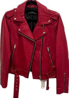 Red Biker Outerwear For Fall, Red Biker Outerwear With Zipper Closure, Edgy Red Biker Jacket For Winter, Red Moto Outerwear With Zipper Closure, Spring Red Leather Jacket, Red Moto Outerwear, Red Moto Outerwear For Winter, Red Edgy Outerwear With Zipper Closure, Red Biker Jacket With Zipper For Fall