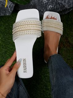 White  Collar   Colorblock  Embellished   Women Shoes Plus Size Beach, Beach Flip Flops, Estilo Hip Hop, Womens Sandals Flat, Ciabatta, White Collar, Flat Sandals, Open Toe, Womens Sandals