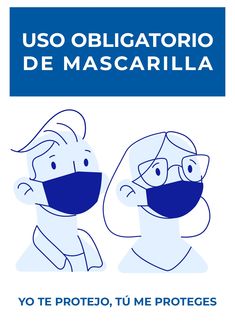 two people wearing masks with the words uso obligatrio de mascarilla