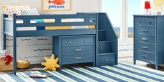 The ultimate collection for your color obsession is finally here with the Modern Colors full low loft bed. Constructed from pine and poplar solids in slate blue finish, each piece balances ultra-sleek craftsmanship with easygoing comfort. Featuring a full bed that sits lower to the ground than a traditional loft, this piece has a reversible staircase that can be affixed to either side of the bed. The steps feature storage drawers that are perfect for stashing away clothing, books and more. The coordinating loft chest has three drawers crafted with front French dovetail joints and ball bearing, side mounted glides. The hardware is finished in brushed nickel but brushed gold knobs and pulls are also included with purchase. Mattress and foundation (if required) sold separately. This product r Twin Low Loft Bed, Low Loft Bed, Low Loft Beds, Gold Knobs, Sale Windows, Dovetail Joints, Low Loft, Blue Furniture, Beds & Bed Frames