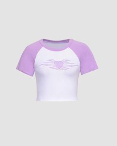 Details: Cropped top with a heart printLength: CroppedSleeve Length:ShortMaterials: 95% Cotton + 5% Spandex Argyle Vest, Clueless Fashion, Hip Hop Fashion 90s, Pop Culture Fashion, 90s Y2k Fashion, Flaming Heart, Outfits 2000s, 90s Hip Hop Fashion, Purple L