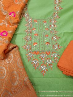 Item Overview ATHARVA Hand Embroidery Salwar Kameez/Chanderi Silk Green/Orange Banarsi Meenakari Dupatta/Gota Patti/Custom Stitch Unstitch/Plazzo/Tunic/Patiala Salwar/Gift Dno. CH2110 Fabric:  * Shirt- Chanderi Silk - Embroidered Neck - 2.5 Mts Beautiful Hand Embroidery * Dupatta: Banarsi Silk Dupatta- Zari Meenakari Dupatta- 2.5 Mts- Latkans Tassels- (Motifs may wary) * Bottom Santoon Silk 2.5 Mts. Excusive Hand Embroidered Party Wear Punjabi Suit. 🌷CUSTOMIZATION (No Extra Charges) * Fabrics C Orange Dola Silk Sets With Resham Embroidery, Orange Resham Embroidery Sets For Navratri, Festive Orange Sets With Resham Embroidery, Embroidered Pista Green Chanderi Unstitched Suit, Embroidered Pista Green Chanderi Traditional Wear, Pista Green Embroidered Chanderi Unstitched Suit, Pista Green Embroidered Chanderi Traditional Wear, Embroidered Orange Art Silk Sharara, Embroidered Orange Sharara For Navratri