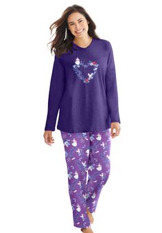 Bright colors and patterns make this cozy pj set so fun to wear. The top is made in soft jersey and the pants in warm flannel with an elastic waistband and side pockets. Top: 28" length; pant: 28" inseamPure cotton, importedMachine washable | Plus Size Women's Cozy Pajama Set by Dreams & Co. in Midnight Violet Winter Floral (Size 30/32) Purple Winter Sleepwear For Loungewear, Purple Winter Sleepwear For Lounging, Floral Pajama Pants, Wedge Dress Shoes, Winter Floral, Cozy Pajamas, Womens Pajamas Pants, Floral Pajamas, Womens Scrubs