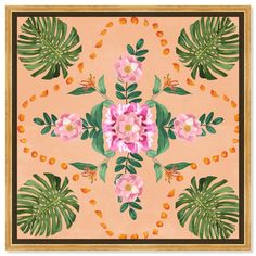 a pink flower and green leaves on an orange background with gold trim around the edges