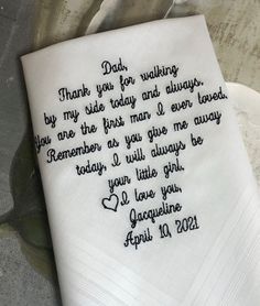 This wedding handkerchief is a wonderful gift. You can either pick a traditional wedding verse or use your own words. This bridal handkerchief is a thoughtful keepsake that will remind your loved ones of your wedding day You may use the verse shown or choose your own with a 40 word limit please. When ordering let me know the following Verse - use capitalization and punctuation as you want it to appear Thread color Design graphic - let me know if you would like a design element added Thread color Father Of The Bride Wedding, Wedding Verses, Bridal Handkerchief, Embroidered Handkerchief Wedding, Dad Wedding Gift, Father Of The Groom, Wedding Hankies, Wedding Gifts For Parents, Mom Wedding Gift