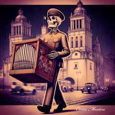 a skeleton in uniform carrying a pipe organ