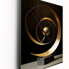 an art piece with a clock on it in the shape of a golden circle and a black background