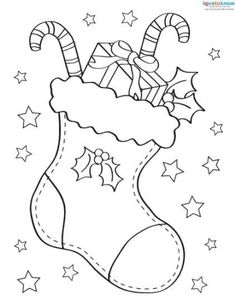 a christmas stocking with candy canes and stars on it, outlined in black and white