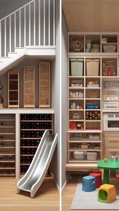 two pictures of a child's playroom with toys and shelves