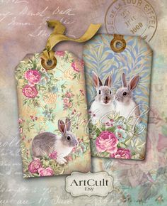 two tags with rabbits and flowers on them