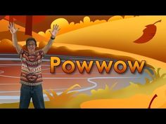 a man standing in front of a painting with the words powwow on it