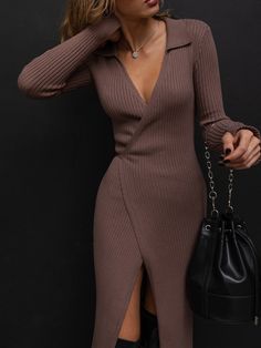 Knitted Fitted Dress, Knit Formal Dress, Knit Midi Dress Outfit Fall, Wrap Dress 2023, Collared Dress Outfit Casual, Winter Wrap Dress, Mid Dress Formal, Rib Knit Dress Outfits, Winter Elegant Dress