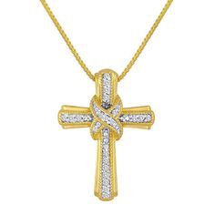 A wrap of diamonds adds further warmth to this already brilliant diamond-encrusted cross pendant necklace.Metal: 14K yellow gold over sterling silver and rhodium-plated sterling silverStones: 1/10 ct. t.w. round diamondsSetting: ProngClosure: Spring-ringLength: 18" box chainCare: Wipe CleanCountry of Origin: ImportedDiamond total weights may vary between .01 and .08 carat.Jewelry photos are enlarged to show detail. Disclaimer: Metal may be rhodium plated to enhance appearance and reduce tarnishi Anniversary Diamond Cross Necklace With Accents, Fine Jewelry Cross Necklace With Diamond Accents For Anniversary, Anniversary Cross Diamond Necklace With Accents, Anniversary Diamond Pendant Cross Necklace, Diamond Pendant Cross Necklace For Anniversary, Jewelry Photos, Diamond Cross Pendants, Diamond Cross, Cross Jewelry