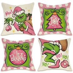 four pillows with cartoon characters on them in pink, green and white polka dot designs