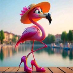 a pink flamingo wearing a sun hat and high heeled shoes standing on a dock