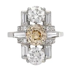 Art Deco Fancy Colored Diamond Cluster Ring, Circa 1925 Cluster Ring Set, Stone Diamond Ring, Three Stone Diamond Ring, Round Diamond Ring, Gold Cocktail Ring, Three Stone Diamond, Victorian Rings, Ancient Jewelry, Fancy Diamonds