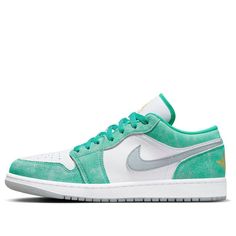 Introducing the Air Jordan 1 Low "New Emerald"! This unique sneaker features an intricate color blocking and a polished leather layer, giving it a stylish and professional look. The sneaker is finished with light green suede around the eye-stays, collar, toe, and heel, with a light gray leather layer sitting underneath. The laces, lining, and underside of the tongue are light green, while the Jumpman logos are gold with gray accents. (AJ1/SNKR/Retro/Unisex/Low Top/Non-Slip/Basketball/Shock-absorbing) Green Suede Sneakers For Streetwear, Modern Green Sneakers With Rubber Sole, Green Custom Low-top Sneakers With Contrast Sole, Green Low-top Custom Sneakers With Contrast Sole, Green Suede Sneakers With Boost Midsole, Green Suede Sneakers With Contrast Sole, Green Suede Low-top Custom Sneakers, Modern Green Lace-up Custom Sneakers, Custom Green Leather Sneakers With Perforated Toe Box