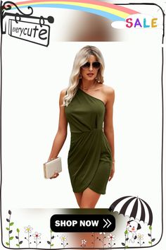 Army Green One-shoulder Pleated Irregular Bodycon Dress Green Mini Dress With Asymmetrical Neckline For Date Night, Summer One-shoulder Dress For Date Night, Summer One-shoulder Bodycon Asymmetrical Dress, Off-shoulder Asymmetrical Dress For Date Night, Casual One-shoulder Evening Bodycon Dress, Casual One-shoulder Bodycon Evening Dress, Green One-shoulder Mini Dress For Date Night, Bodycon One Shoulder Dress For Summer, Green Bodycon Dress With Asymmetrical Neckline