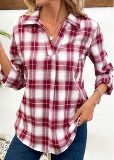 Color:Wine Red;Size:XS;Size:S;Size:M;Size:L;Size:XL;Size:XXL;Package Contents:1 X T Shirt;Occasion:Other;Style:Casual; Blouse Size Chart, Commuter Style, Winter Blouses, Plaid Shirts, Plaid Blouse, Roll Up Sleeves, Collar Blouse, Short En Jean, Plaid Print