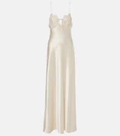 Lace-trimmed silk satin gown in neutrals - Saint Laurent | Mytheresa Saint Laurent White Dress, Saint Laurent Gown, White Night Gown, Rehearsal Dinner Attire, Dinner Attire, Italy Wedding Dress, Memory Hyuga, Uzun Boy, Charlotte York