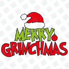 merry grinmas with santa hat on it's head in red and green letters