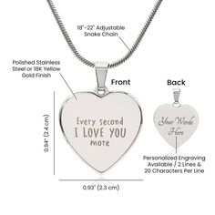 Surprise your loved one by giving them this sweet Engraved Heart Necklace! It's a classic and heartfelt jewelry piece that is sure be treasured. If the custom engraving option is available, you can choose to personalize onto the back of the pendant your loved one's name, a special date, or anything else you want to remember and keep you close to their heart. Each personalized piece offers exceptional craftsmanship that is fit to be an instant classic in your family.The Engraved Heart Necklace is Valentine's Day Laser Engraved Stainless Steel Jewelry, Engraved Double Heart Necklace For Memorial, Personalized Heart-shaped Meaningful Jewelry, Personalized Stainless Steel Heart Necklace For Mother's Day, Laser Engraved Jewelry For Mother's Day Anniversary, Memorial Double Heart Engraved Necklace, Engraved Stainless Steel Jewelry For Valentine's Day, Engraved Stainless Steel Necklace For Anniversary, Meaningful Heart-shaped Personalized Jewelry