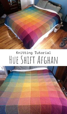 a bed with a colorful blanket on it and the words knitting tutor hue shift afghan