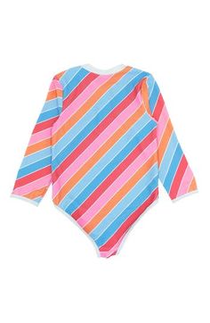 Little ones will love splashing around in this rainbow-striped rashguard swimsuit featuring built-in sun protection, four-way stretch and a zipper in back. UPF 50+ sun protection Moisture-wicking fabric engineered for dryness and comfort 85% polyester, 15% elastane Machine wash, line dry Imported Playful Blue Rash Guard For Pool, Long Sleeve Swimwear With Upf 50+ For Play, Blue Rash Guard For Beach Season Playwear, Playful Stretch Swimwear With Upf 50+, Playful Long Sleeve Onesie For Summer, Playful Long Sleeve Summer Onesie, Playful Rash Guard With Uv Protection For Playtime, Long Sleeve Rash Guard With Uv Protection For Playwear, Long Sleeve Rash Guard For Summer Playwear