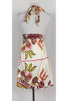 Strappy gold stilettos, the perfect clutch and you are ready for a night out on the town! This stunning silk Alice & Trixie halter mini dress features groovy 60's paisley design in brown, pink, and yellow. Fun gold detailing on halter ties give it that extra special touch! Size XS 100% silk Made in the USA Dry clean only Ruched bodice at empire waist Elastic around back bodice Open back Bust: 24" Shoulder to hem: 32" - adjustable with halter Spring Silk Fitted Halter Dress, Vibrant Print Halter Neck Dress For Party, Vibrant Print Halter Neck Party Dress, Fitted Silk Halter Dress For Spring, Halter Neck Dress With Vibrant Print For Party, Party Dress With Vibrant Print And Halter Neck, Summer Party Lined Halter Dress, Summer Party Halter Dress Lined, Spring Silk Halter Dress