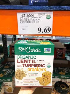 a box of organic lentil with turmic crackers is on the shelf