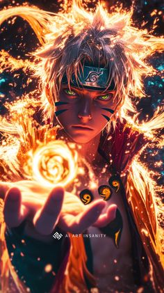 an anime character holding a ball in his hand with fire coming out of the background